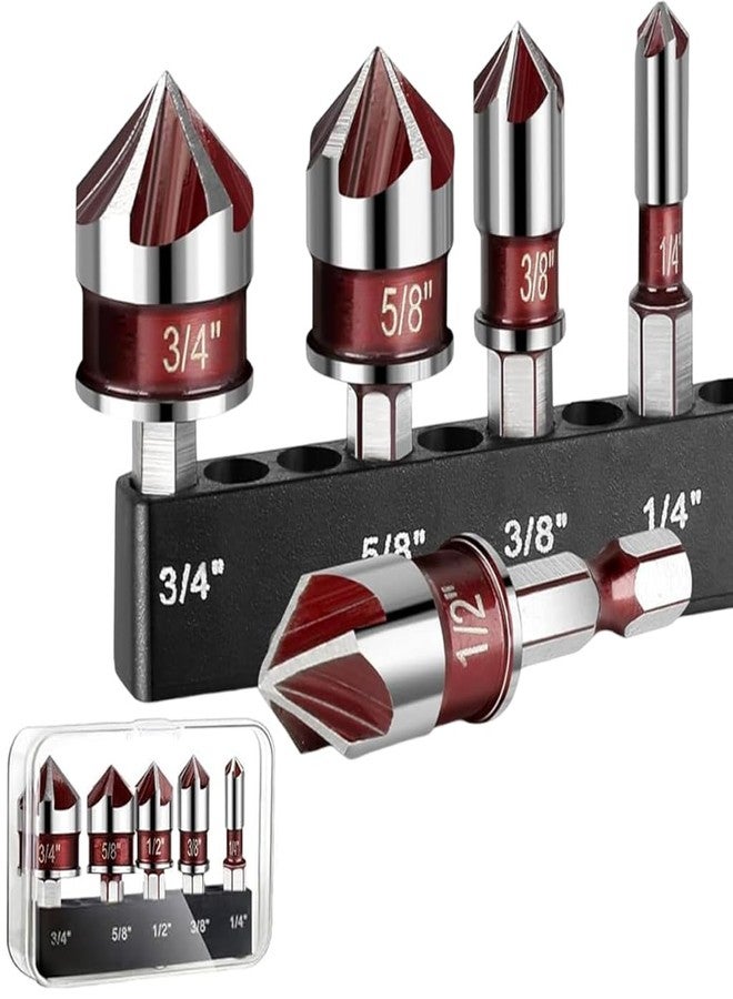 Serplex® Steel Countersink Drill Bit Set, 5Pcs, Sizes 3/4'' to 1/4'', Heavy Duty 82-Degree 5-Blade Design, Quick-Change Hex Shank, Versatile for Wood, Metal, Plastic, DIY & Professional Use - Image 1